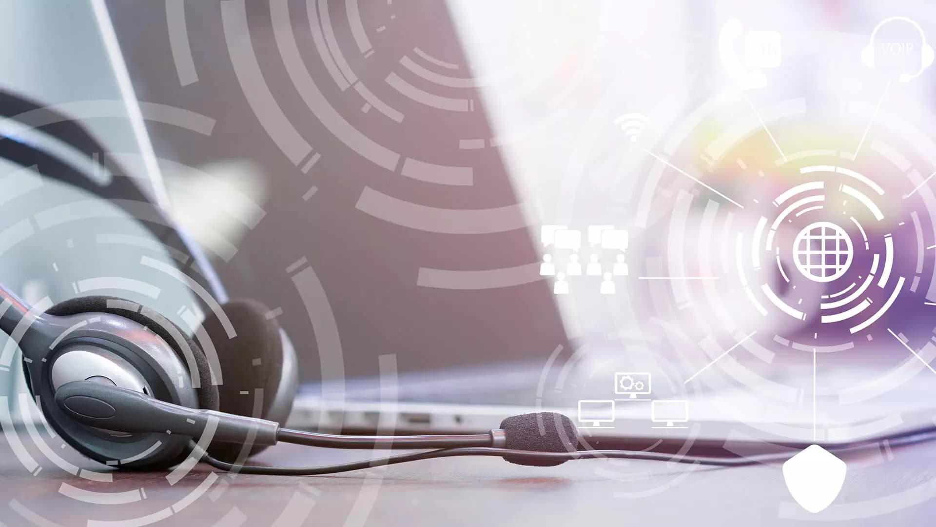 Headset lying on the table with shapes imitating soundwaves as a picture overlay